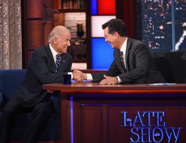 Stephen Colbert talks with Vice President Joe Biden on The Late Show with Stephen Colbert on Sept. 10, 2015 in New York City.