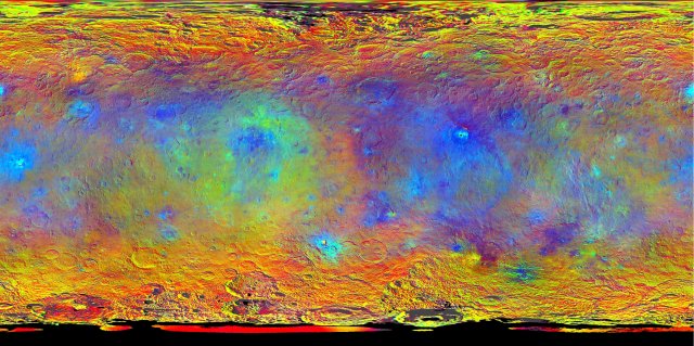 This map-projected view of Ceres was created from images taken by NASA's Dawn spacecraft during its high-altitude mapping orbit, in August and Sept. of 2015.